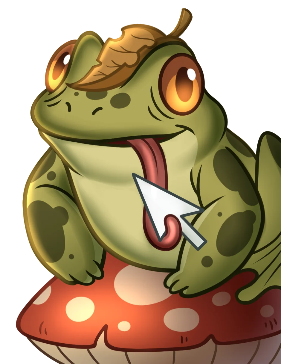 A frog on a mushroom catching a mouse cursor with its tongue