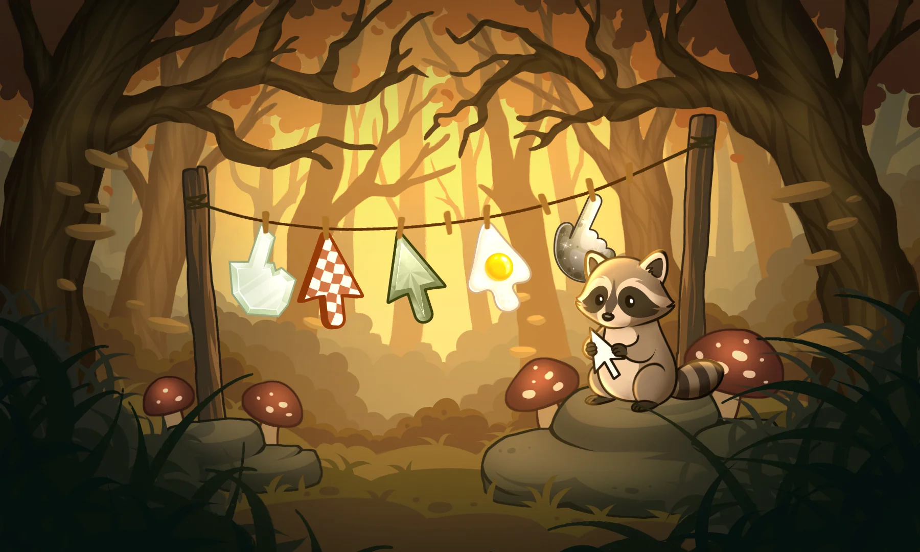 Whimsical autumn forest scene with a raccoon holding a cursor beside a clothesline of drying cursors